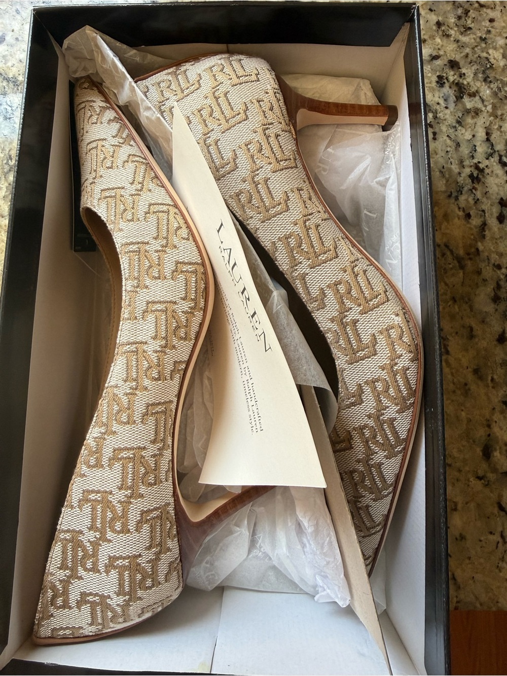 NIB Ralph Lauren Khaki Monogram Lanette Pumps